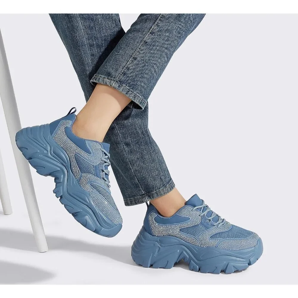Women Leather Blue Rhinestone Comfortable Wedge Walking Sport Sneakers Shoes